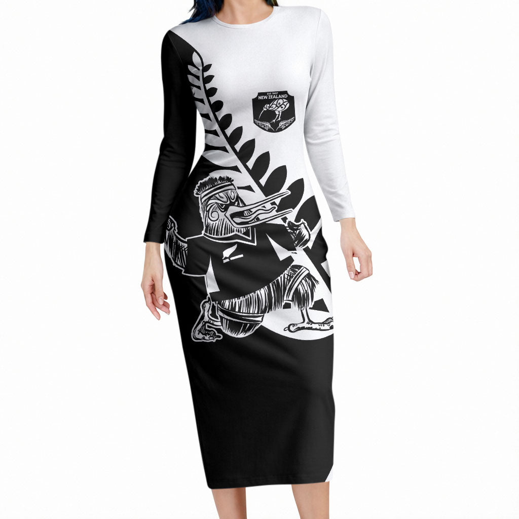 Custom Aotearoa Rugby League Long Sleeve Bodycon Dress Kiwi Haka and Fern - Sporty Style LT03 Long Dress Black - Polynesian Pride