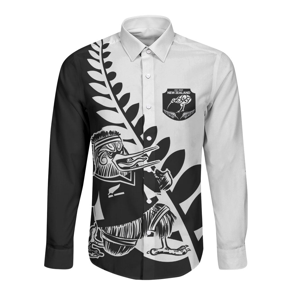 Custom Aotearoa Rugby League Long Sleeve Button Shirt Kiwi Haka and Fern - Sporty Style LT03 Unisex Black - Polynesian Pride