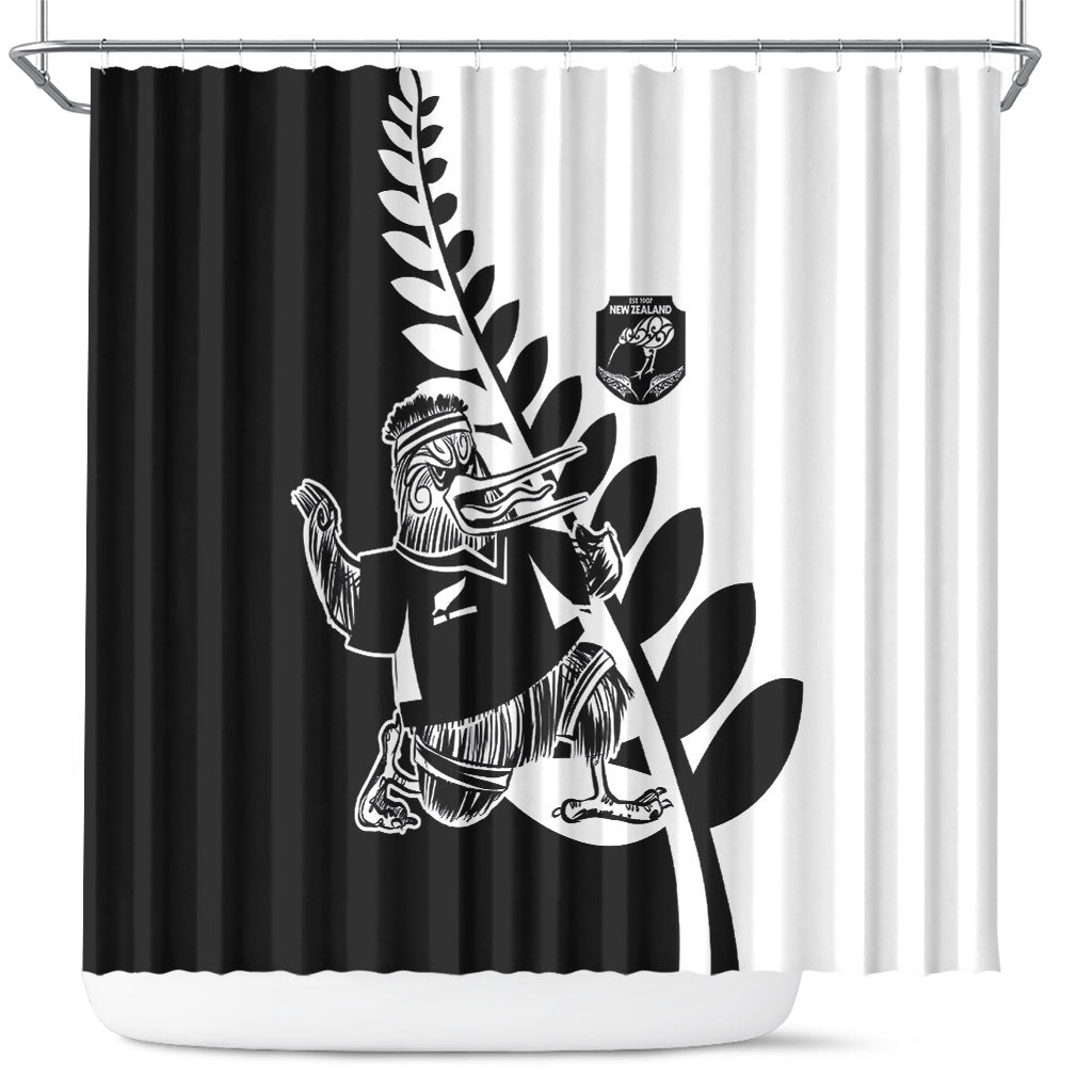 Aotearoa Rugby League Shower Curtain Kiwi Haka and Fern - Sporty Style LT03 Black - Polynesian Pride