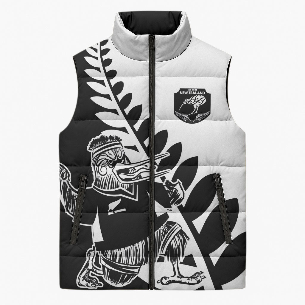 Custom Aotearoa Rugby League Sleeveless Puffer Jacket Kiwi Haka and Fern - Sporty Style LT03 Unisex Black - Polynesian Pride