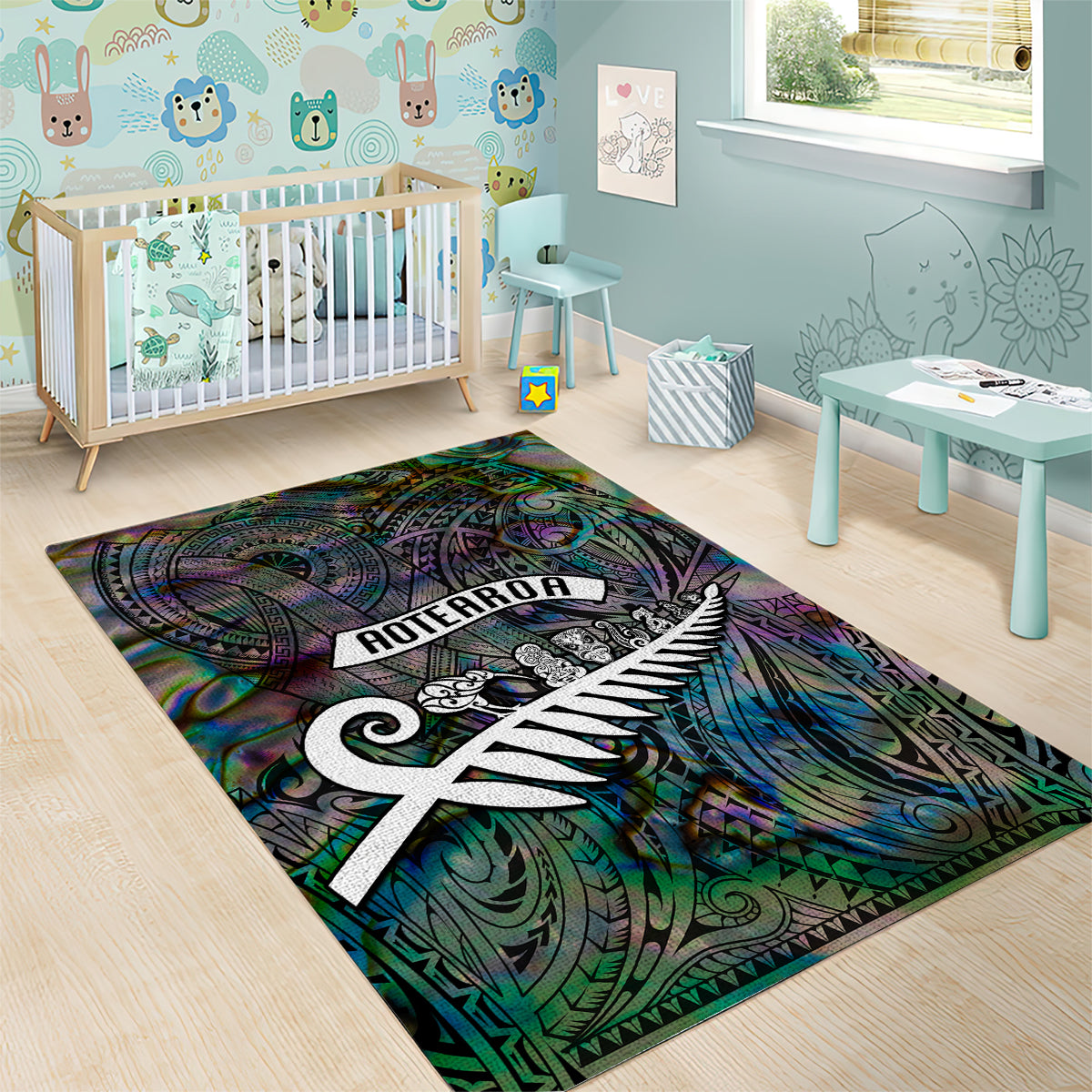 New Zealand Area Rug Aotearoa Symbols With Silver Fern LT03 - Polynesian Pride