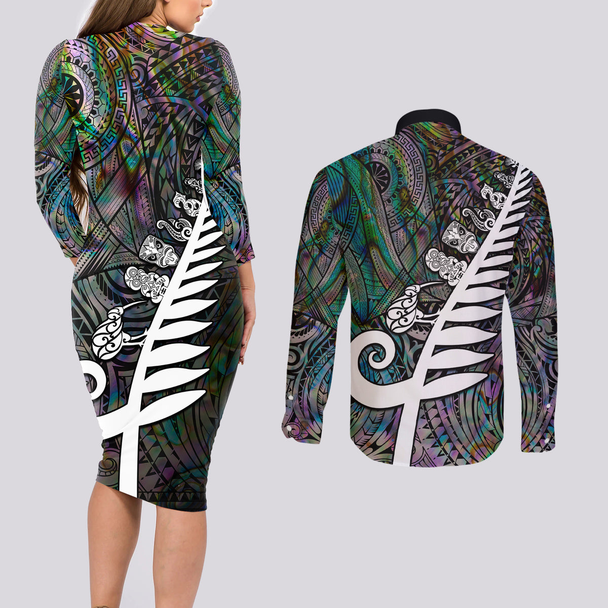 New Zealand Couples Matching Long Sleeve Bodycon Dress and Long Sleeve Button Shirt Aotearoa Symbols With Silver Fern LT03 - Polynesian Pride