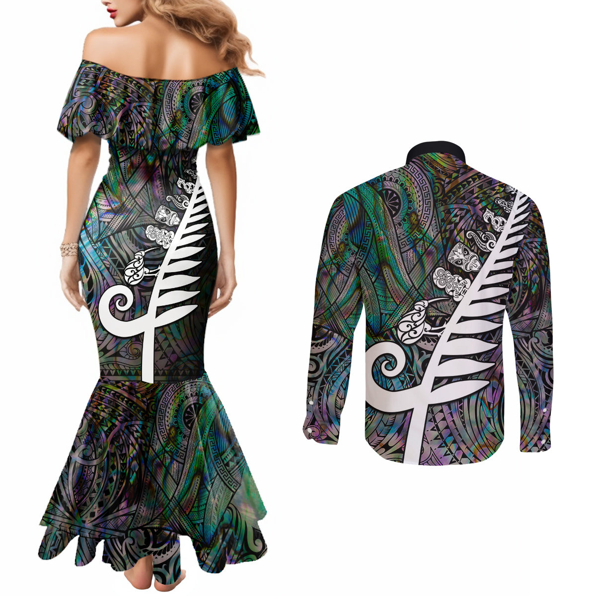 New Zealand Couples Matching Mermaid Dress and Long Sleeve Button Shirt Aotearoa Symbols With Silver Fern LT03 - Polynesian Pride