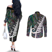 New Zealand Couples Matching Off The Shoulder Long Sleeve Dress and Long Sleeve Button Shirt Aotearoa Symbols With Silver Fern LT03 - Polynesian Pride