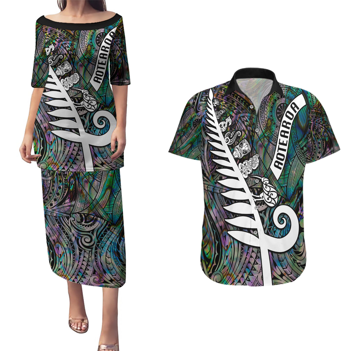 New Zealand Couples Matching Puletasi Dress and Hawaiian Shirt Aotearoa Symbols With Silver Fern LT03 Black - Polynesian Pride