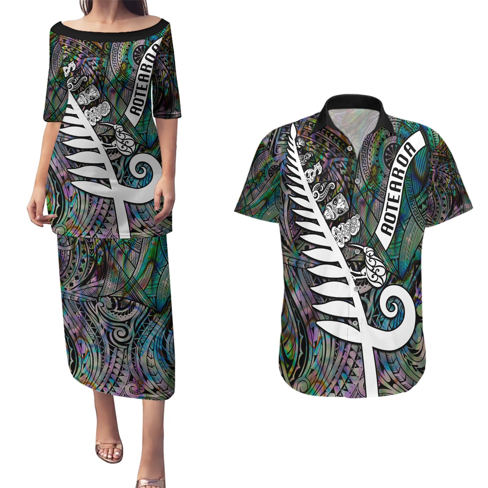 New Zealand Couples Matching Puletasi Dress and Hawaiian Shirt Aotearoa Symbols With Silver Fern LT03 Black - Polynesian Pride