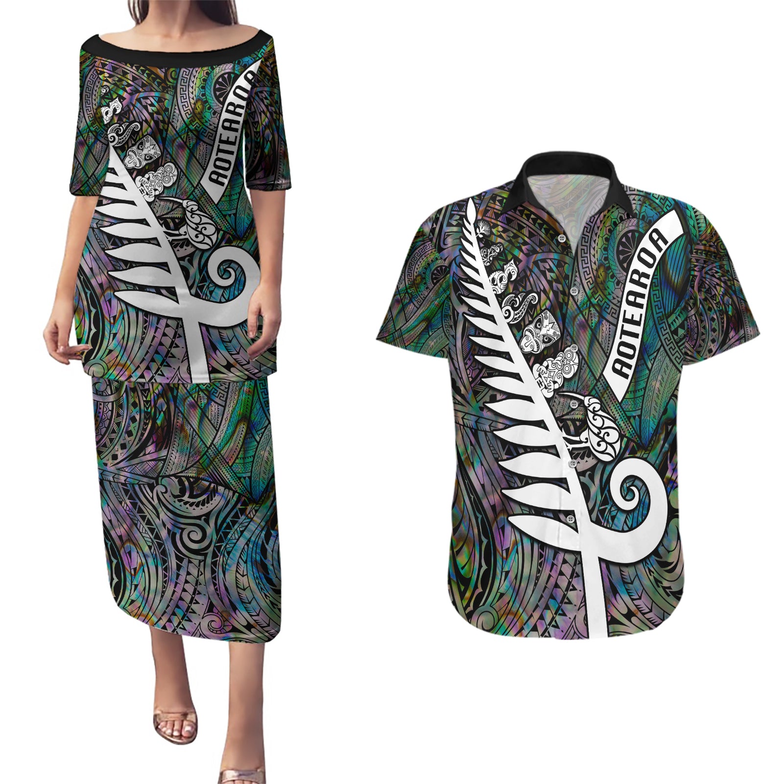 New Zealand Couples Matching Puletasi Dress and Hawaiian Shirt Aotearoa Symbols With Silver Fern LT03 Black - Polynesian Pride