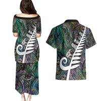 New Zealand Couples Matching Puletasi Dress and Hawaiian Shirt Aotearoa Symbols With Silver Fern LT03 - Polynesian Pride