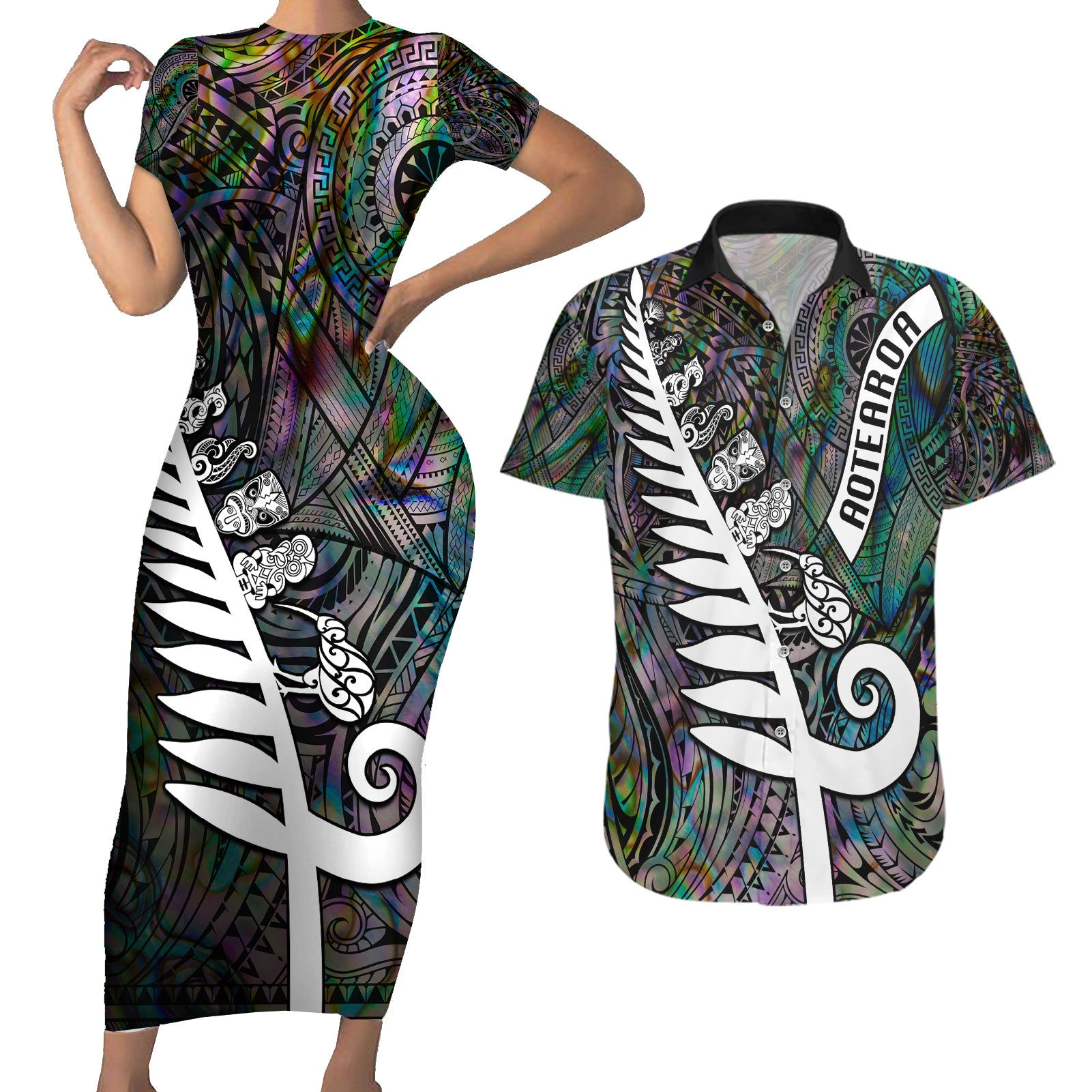 New Zealand Couples Matching Short Sleeve Bodycon Dress and Hawaiian Shirt Aotearoa Symbols With Silver Fern LT03 Black - Polynesian Pride