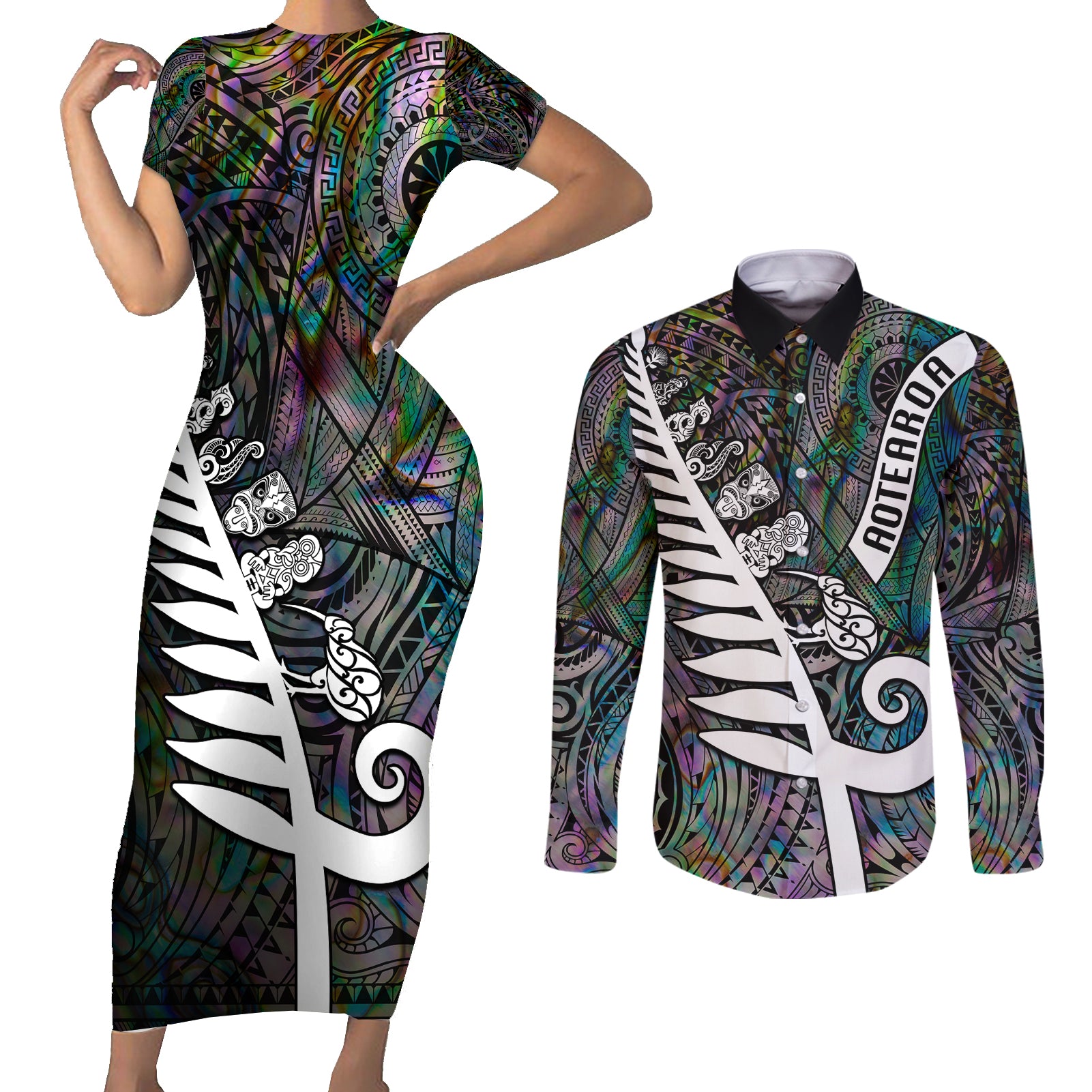 New Zealand Couples Matching Short Sleeve Bodycon Dress and Long Sleeve Button Shirt Aotearoa Symbols With Silver Fern LT03 Black - Polynesian Pride