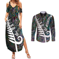 New Zealand Couples Matching Summer Maxi Dress and Long Sleeve Button Shirt Aotearoa Symbols With Silver Fern LT03 Black - Polynesian Pride