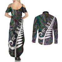 New Zealand Couples Matching Summer Maxi Dress and Long Sleeve Button Shirt Aotearoa Symbols With Silver Fern LT03 - Polynesian Pride