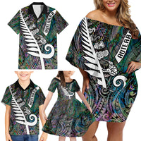 New Zealand Family Matching Off Shoulder Short Dress and Hawaiian Shirt Aotearoa Symbols With Silver Fern LT03 - Polynesian Pride
