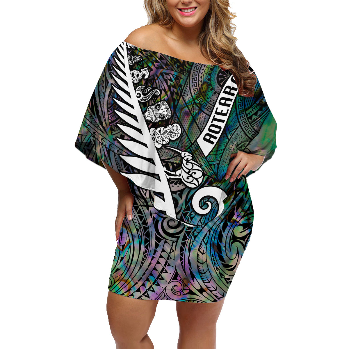 New Zealand Family Matching Off Shoulder Short Dress and Hawaiian Shirt Aotearoa Symbols With Silver Fern LT03 Mom's Dress Black - Polynesian Pride
