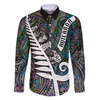 New Zealand Family Matching Short Sleeve Bodycon Dress and Hawaiian Shirt Aotearoa Symbols With Silver Fern LT03 Dad's Shirt - Long Sleeve Black - Polynesian Pride