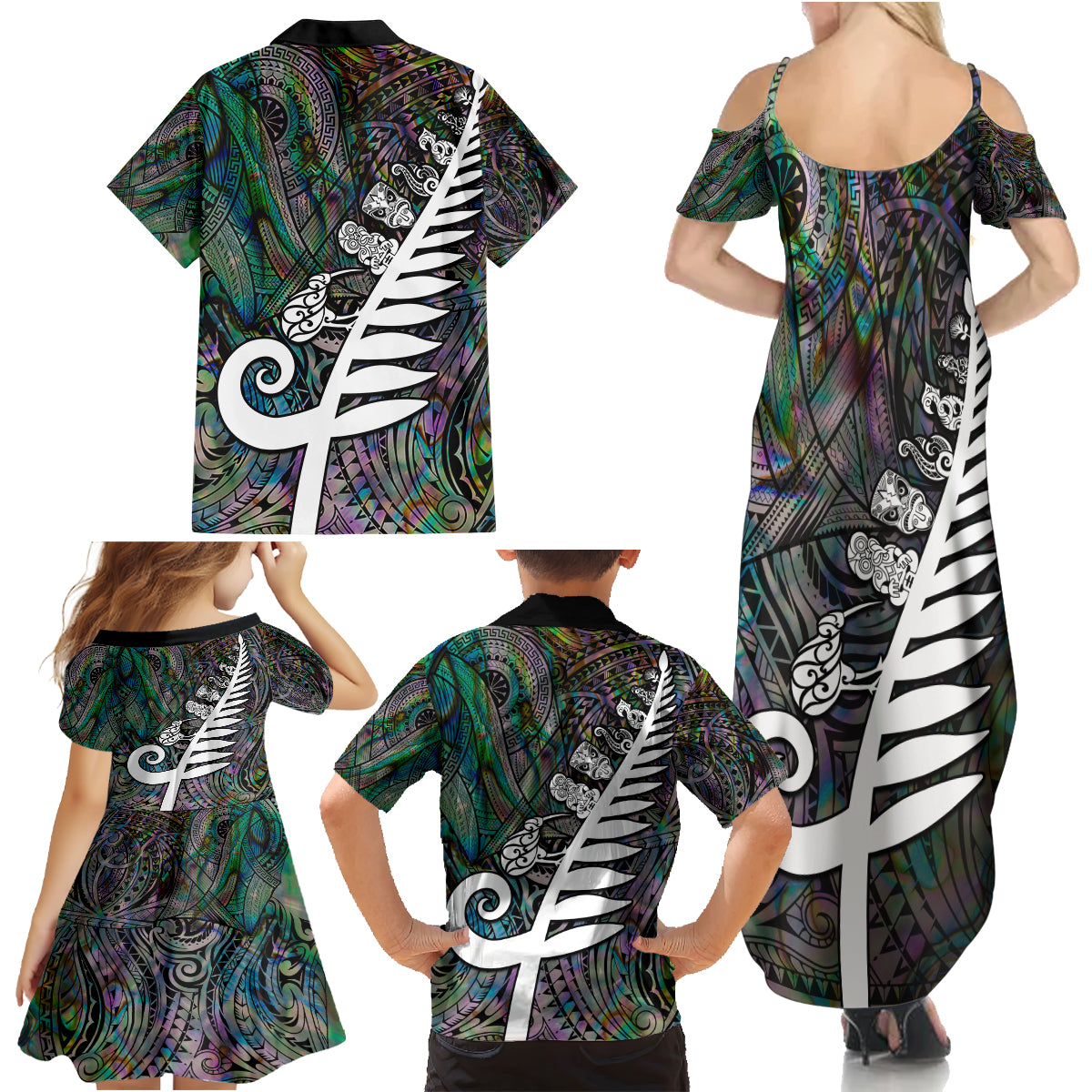 New Zealand Family Matching Summer Maxi Dress and Hawaiian Shirt Aotearoa Symbols With Silver Fern LT03 - Polynesian Pride