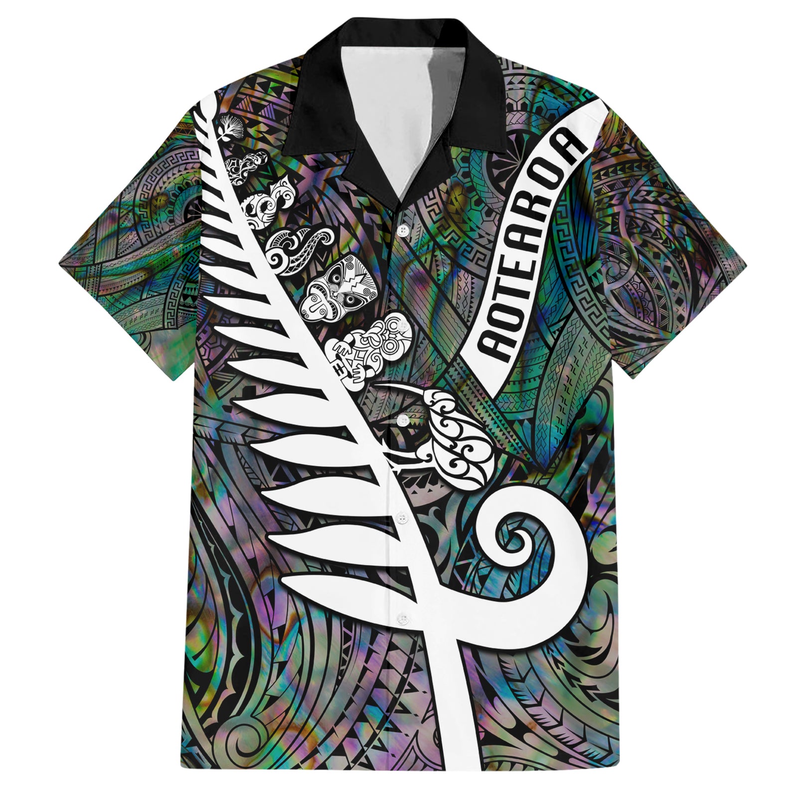 New Zealand Hawaiian Shirt Aotearoa Symbols With Silver Fern LT03 Black - Polynesian Pride