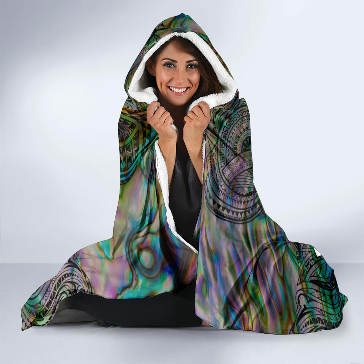 New Zealand Hooded Blanket Aotearoa Symbols With Silver Fern LT03 - Polynesian Pride