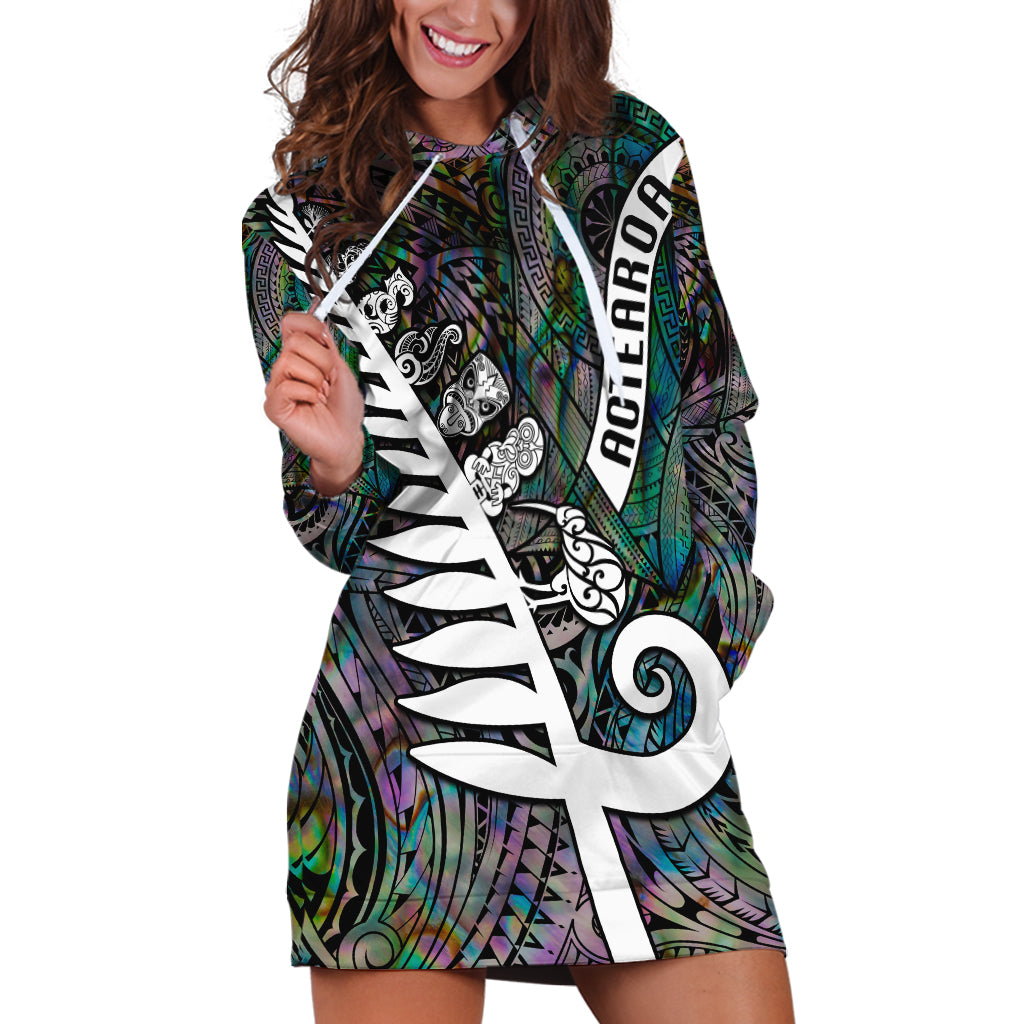 New Zealand Hoodie Dress Aotearoa Symbols With Silver Fern LT03 Black - Polynesian Pride