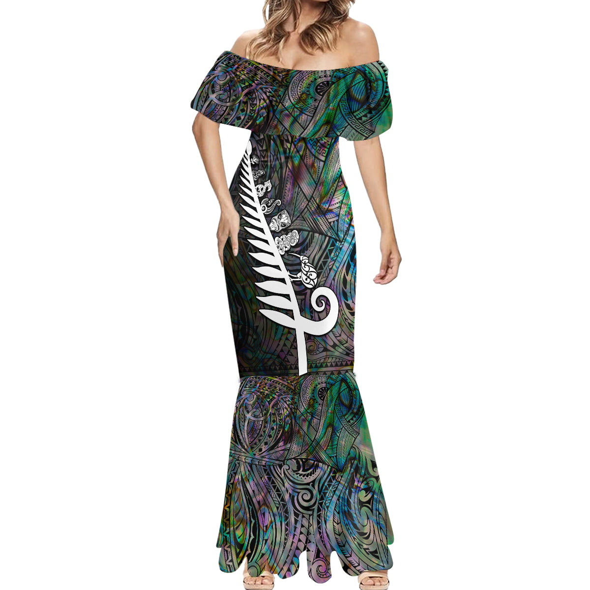 New Zealand Mermaid Dress Aotearoa Symbols With Silver Fern LT03 - Polynesian Pride
