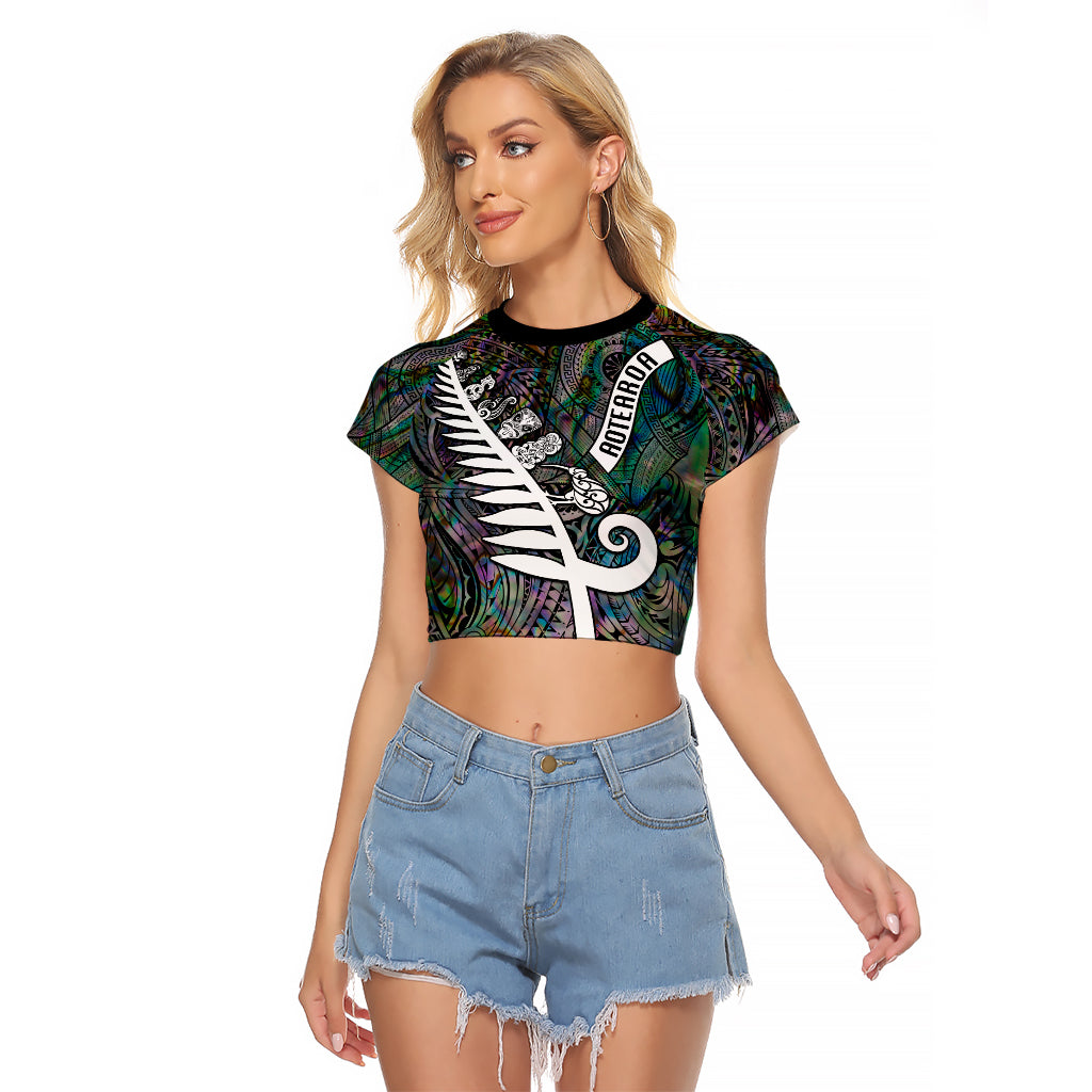 New Zealand Raglan Cropped T Shirt Aotearoa Symbols With Silver Fern LT03 Female Black - Polynesian Pride
