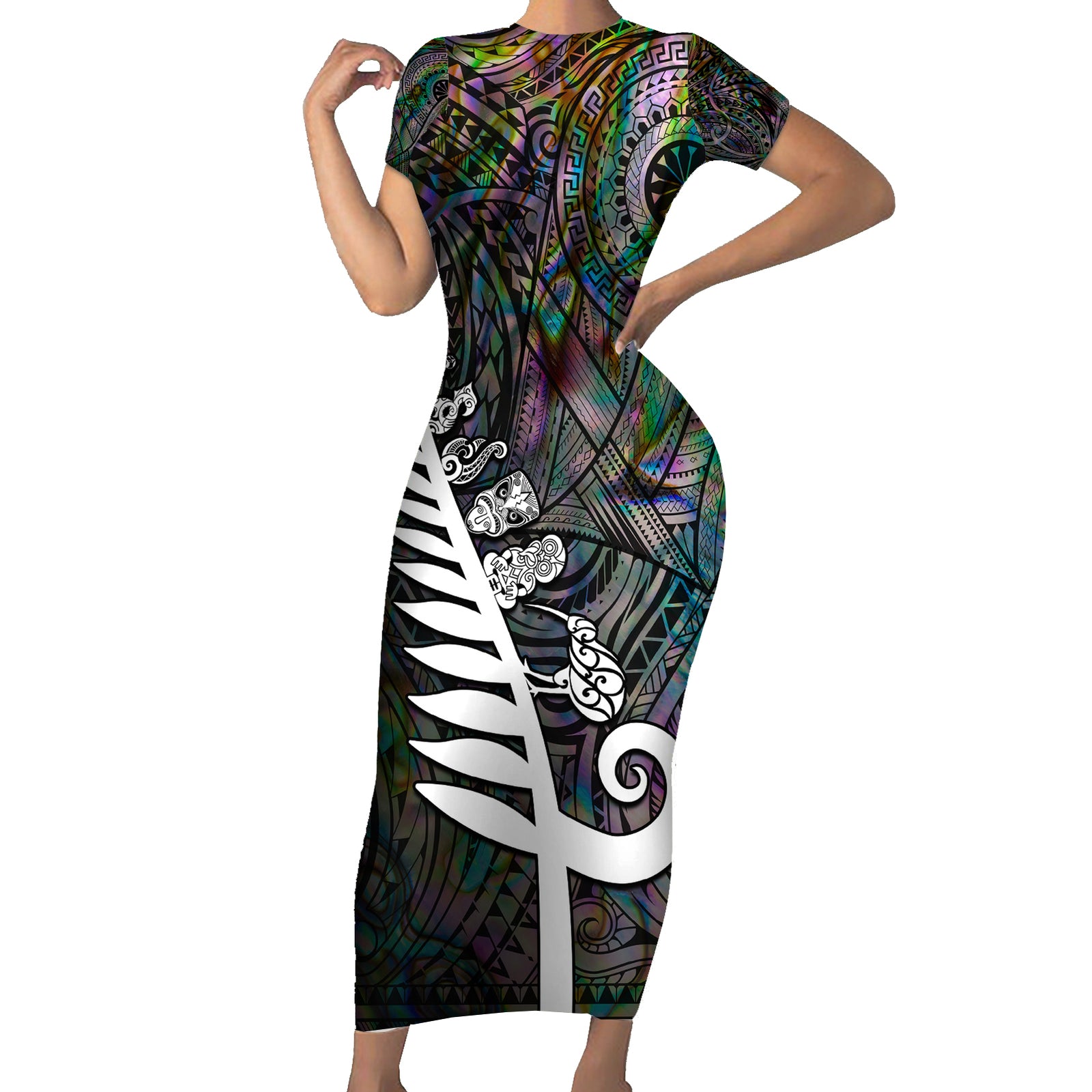 New Zealand Short Sleeve Bodycon Dress Aotearoa Symbols With Silver Fern LT03 Long Dress Black - Polynesian Pride