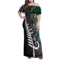 Personalized New Zealand Family Matching Off Shoulder Maxi Dress and Hawaiian Shirt Aotearoa Symbols With Silver Fern LT03 Mom's Dress Black - Polynesian Pride