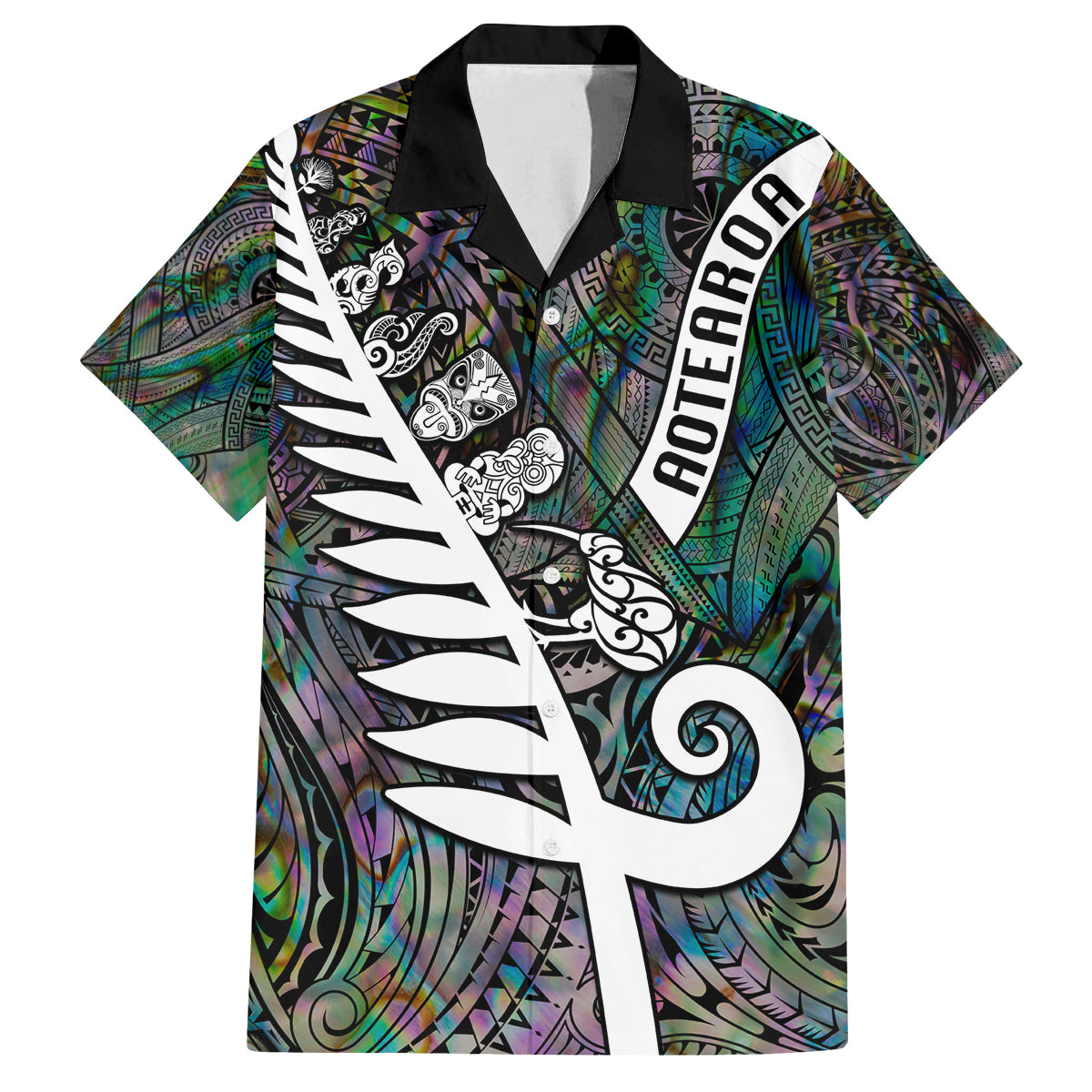 Personalized New Zealand Family Matching Puletasi Dress and Hawaiian Shirt Aotearoa Symbols With Silver Fern LT03 Dad's Shirt - Short Sleeve Black - Polynesian Pride