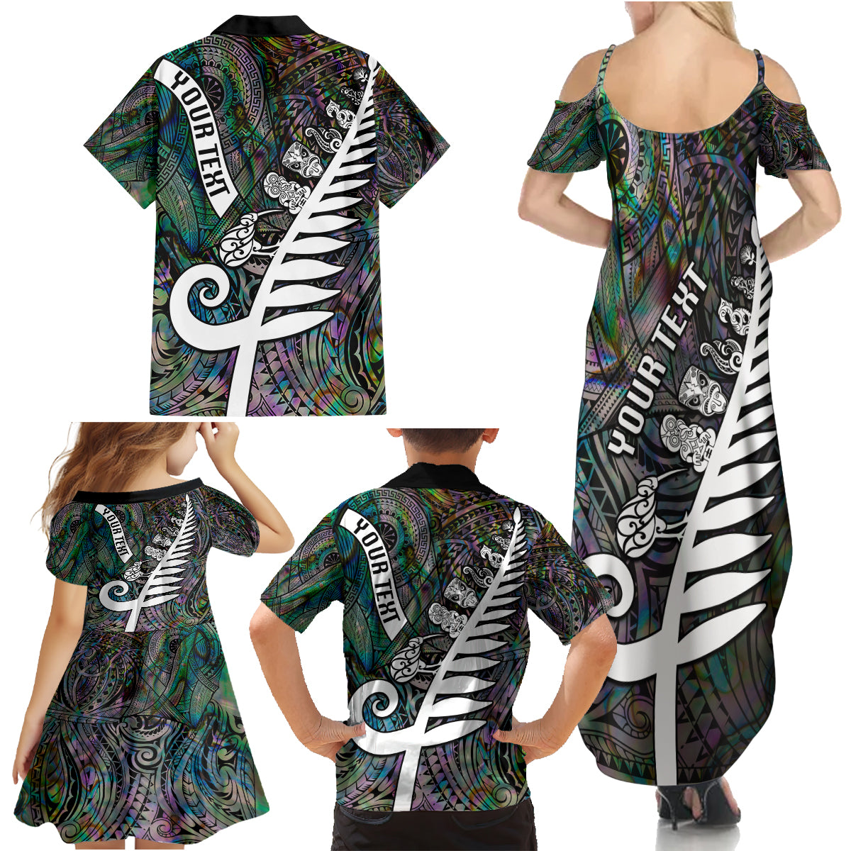 Personalized New Zealand Family Matching Summer Maxi Dress and Hawaiian Shirt Aotearoa Symbols With Silver Fern LT03 - Polynesian Pride