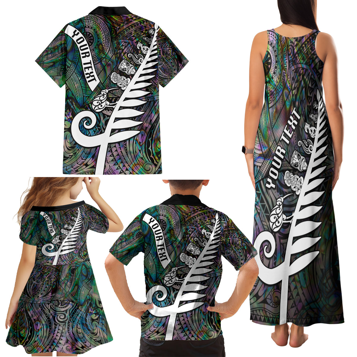 Personalized New Zealand Family Matching Tank Maxi Dress and Hawaiian Shirt Aotearoa Symbols With Silver Fern LT03 - Polynesian Pride