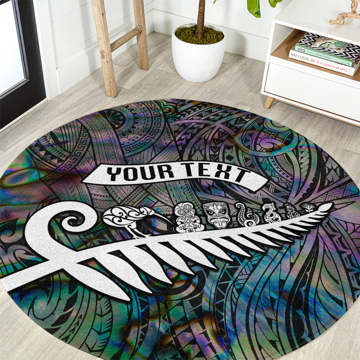 Personalized New Zealand Round Carpet Aotearoa Symbols With Silver Fern LT03 Black - Polynesian Pride