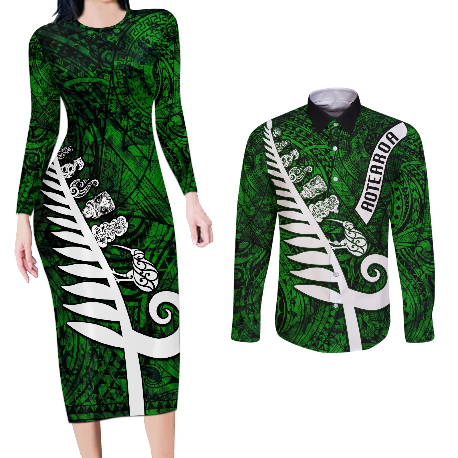 New Zealand Couples Matching Long Sleeve Bodycon Dress and Long Sleeve Button Shirt Silver Fern and Maori Symbols Papua Shell Green Style LT03 Green - Polynesian Pride