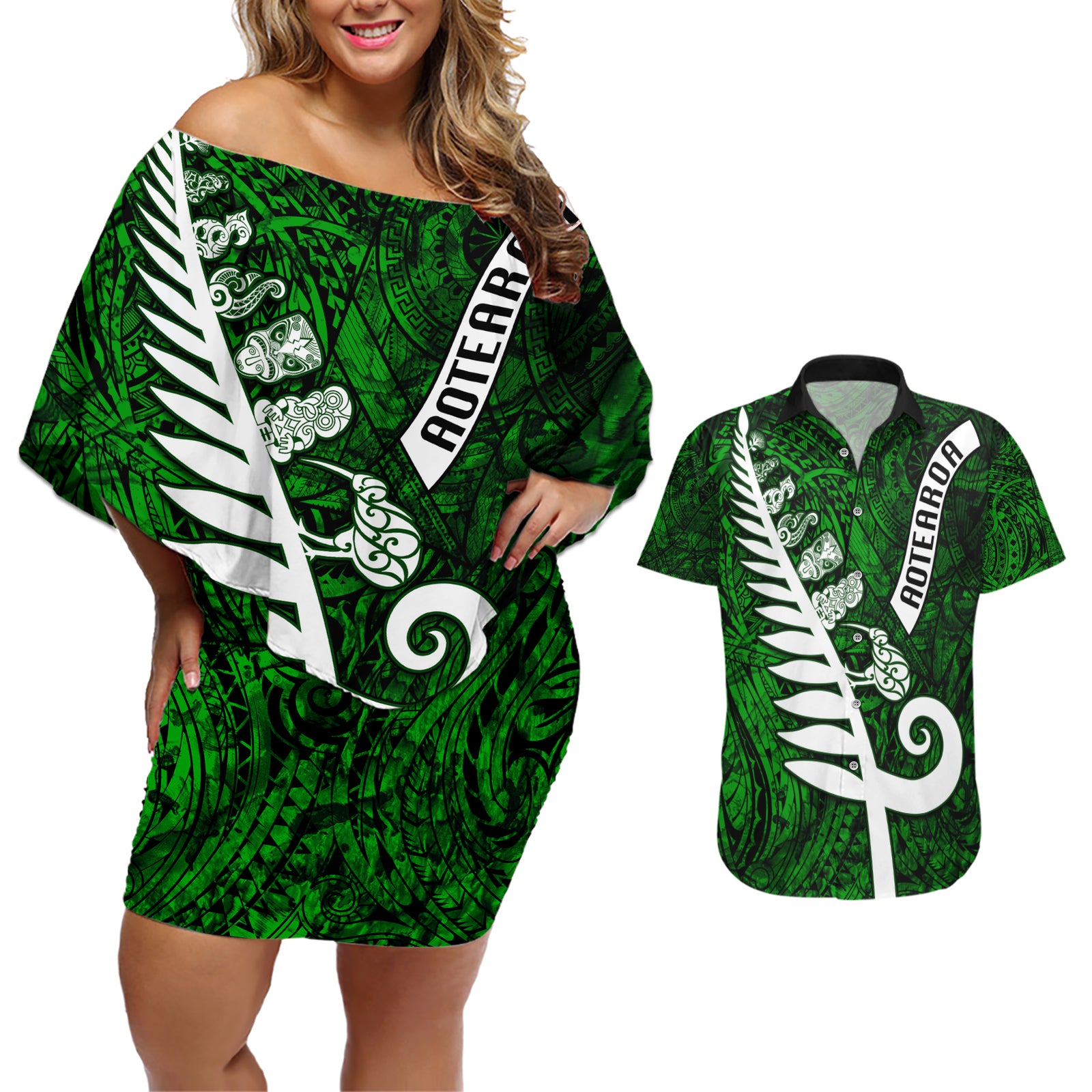 New Zealand Couples Matching Off Shoulder Short Dress and Hawaiian Shirt Silver Fern and Maori Symbols Papua Shell Green Style LT03 Green - Polynesian Pride