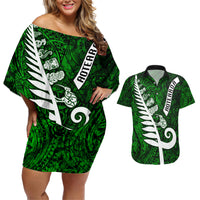 New Zealand Couples Matching Off Shoulder Short Dress and Hawaiian Shirt Silver Fern and Maori Symbols Papua Shell Green Style LT03 Green - Polynesian Pride
