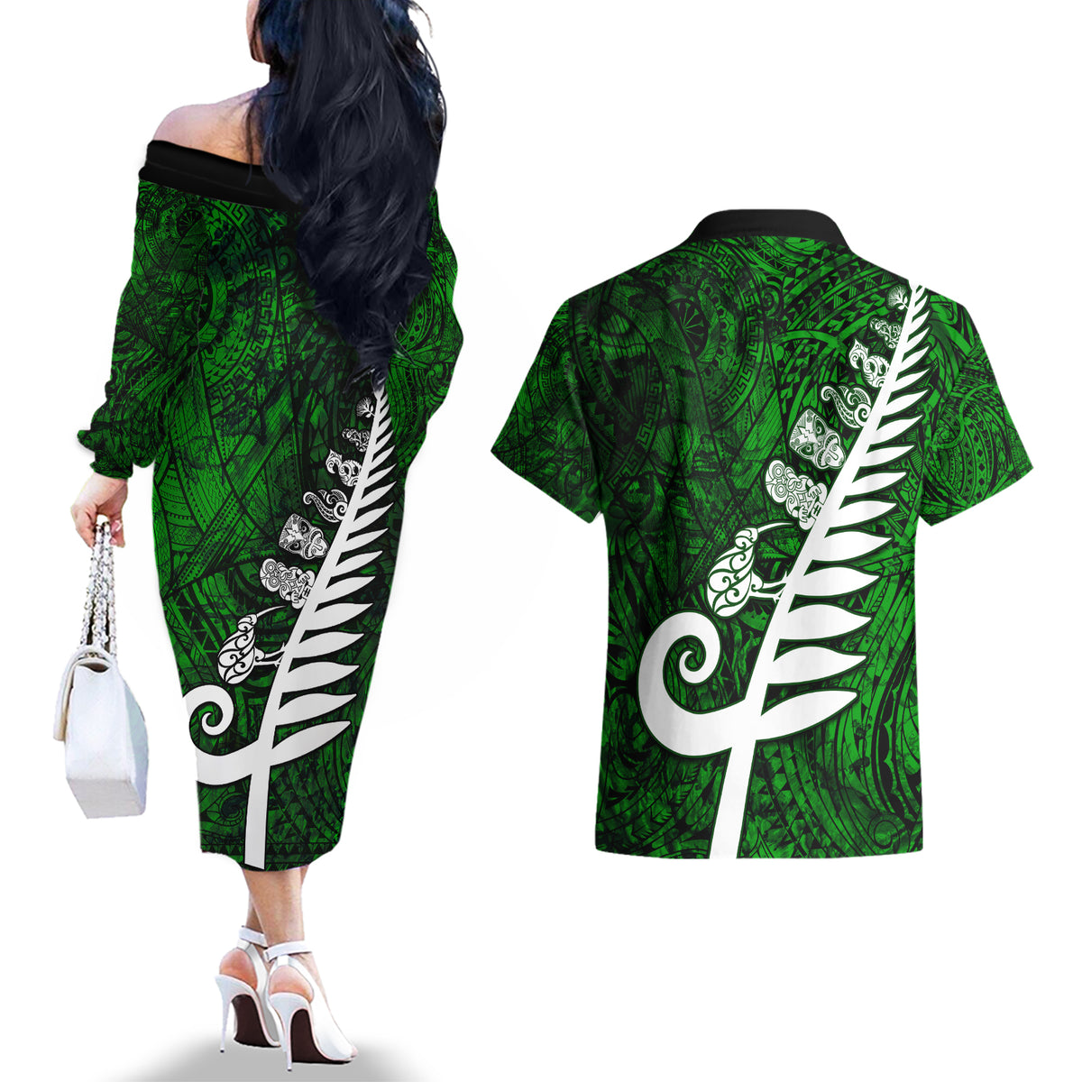 New Zealand Couples Matching Off The Shoulder Long Sleeve Dress and Hawaiian Shirt Silver Fern and Maori Symbols Papua Shell Green Style LT03 - Polynesian Pride