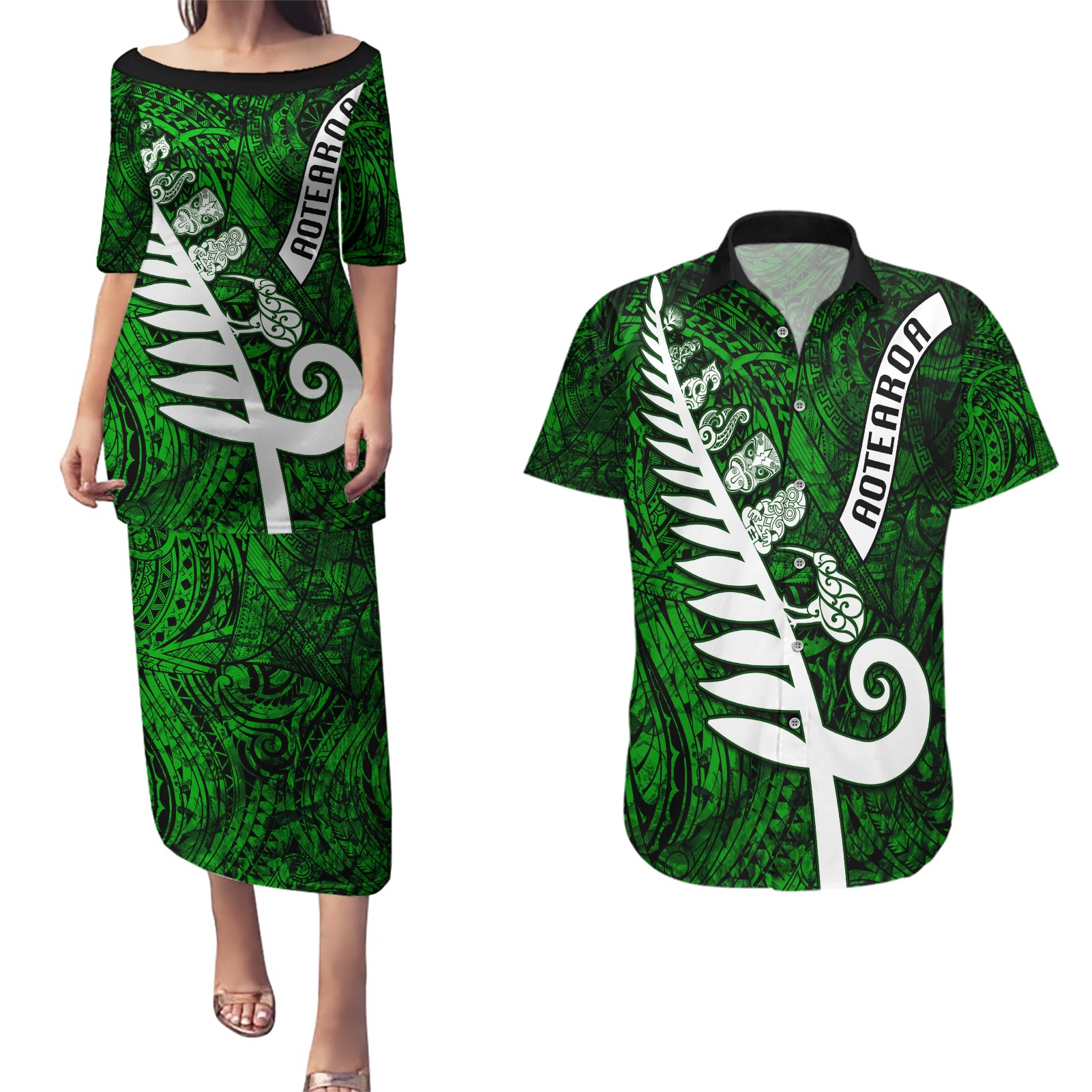 New Zealand Couples Matching Puletasi Dress and Hawaiian Shirt Silver Fern and Maori Symbols Papua Shell Green Style LT03 Green - Polynesian Pride