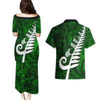 New Zealand Couples Matching Puletasi Dress and Hawaiian Shirt Silver Fern and Maori Symbols Papua Shell Green Style LT03 - Polynesian Pride