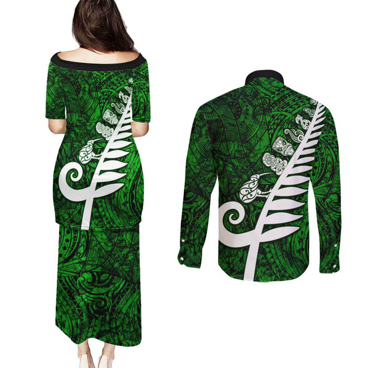 New Zealand Couples Matching Puletasi Dress and Long Sleeve Button Shirt Silver Fern and Maori Symbols Papua Shell Green Style LT03 - Polynesian Pride