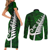 New Zealand Couples Matching Short Sleeve Bodycon Dress and Long Sleeve Button Shirt Silver Fern and Maori Symbols Papua Shell Green Style LT03 - Polynesian Pride