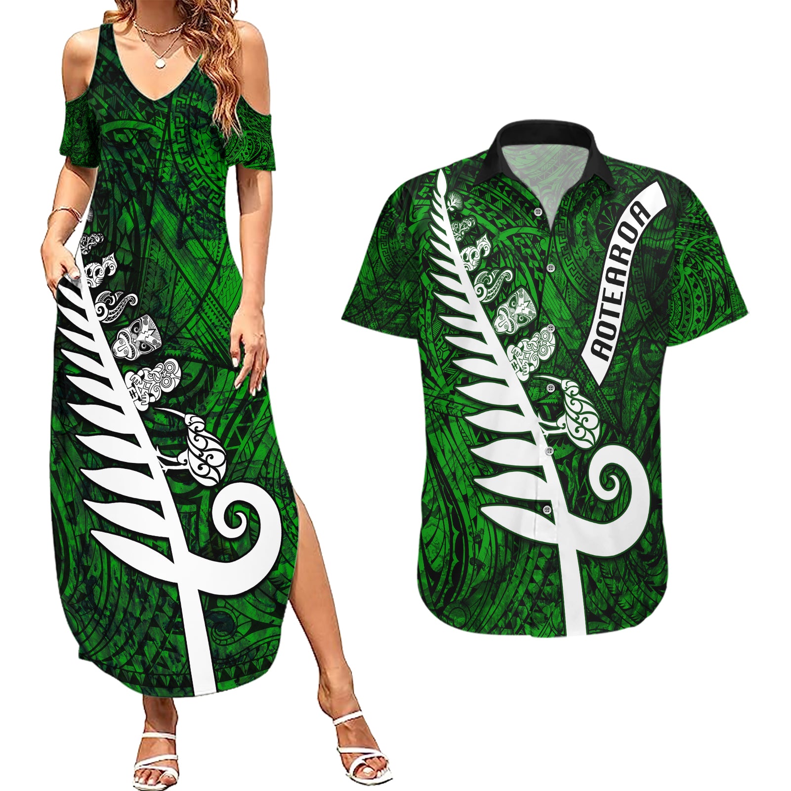 New Zealand Couples Matching Summer Maxi Dress and Hawaiian Shirt Silver Fern and Maori Symbols Papua Shell Green Style LT03 Green - Polynesian Pride
