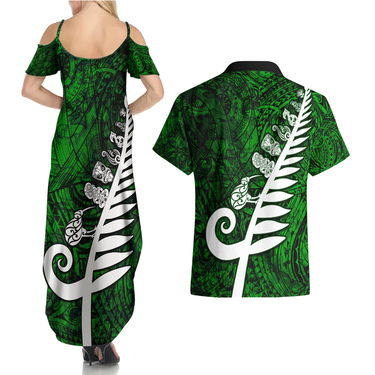New Zealand Couples Matching Summer Maxi Dress and Hawaiian Shirt Silver Fern and Maori Symbols Papua Shell Green Style LT03 - Polynesian Pride