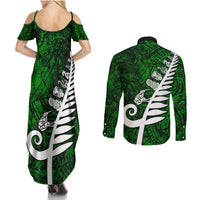 New Zealand Couples Matching Summer Maxi Dress and Long Sleeve Button Shirt Silver Fern and Maori Symbols Papua Shell Green Style LT03 - Polynesian Pride