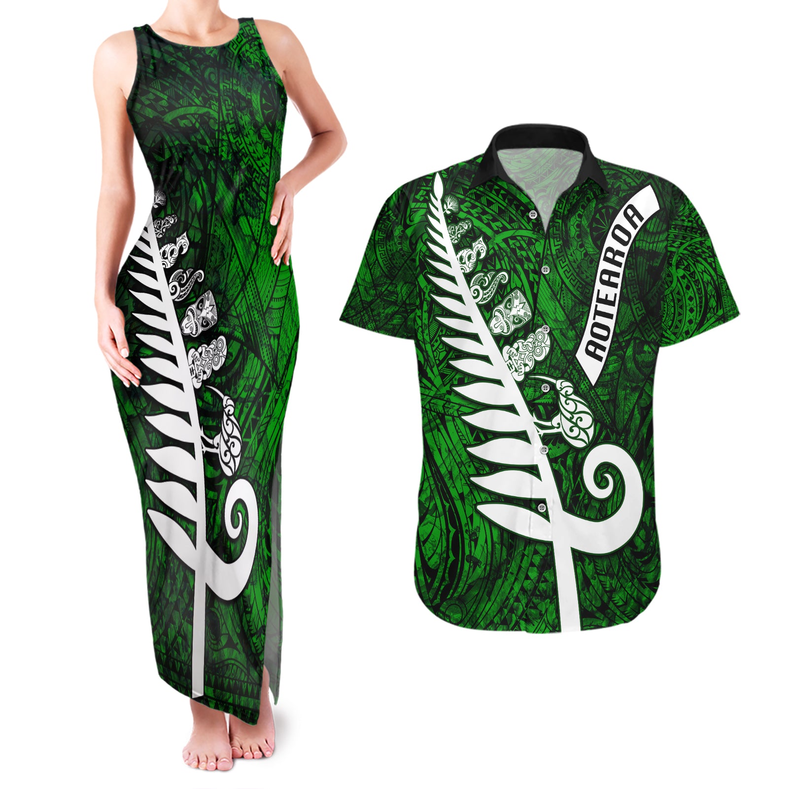 New Zealand Couples Matching Tank Maxi Dress and Hawaiian Shirt Silver Fern and Maori Symbols Papua Shell Green Style LT03 Green - Polynesian Pride