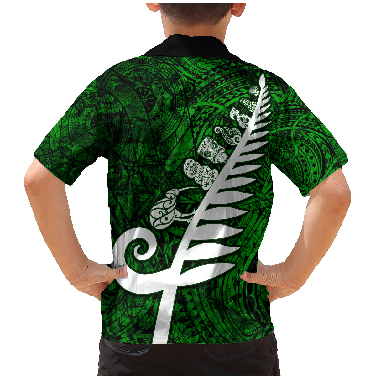 New Zealand Family Matching Mermaid Dress and Hawaiian Shirt Silver Fern and Maori Symbols Papua Shell Green Style LT03 - Polynesian Pride