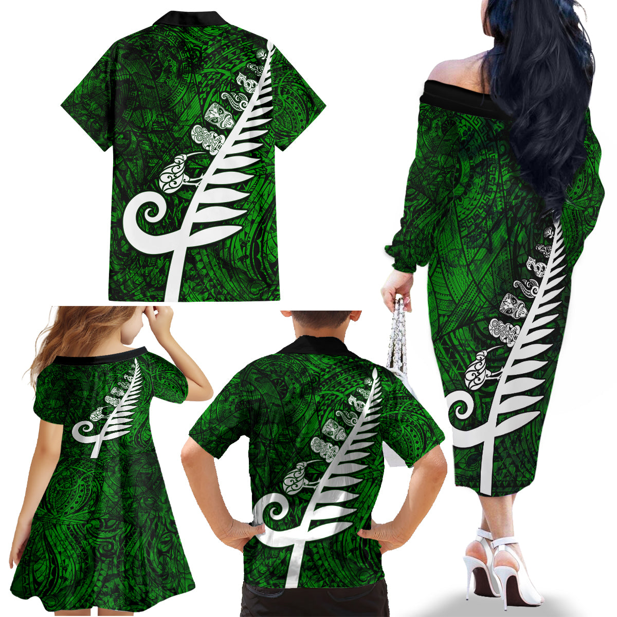 New Zealand Family Matching Off Shoulder Long Sleeve Dress and Hawaiian Shirt Silver Fern and Maori Symbols Papua Shell Green Style LT03 - Polynesian Pride