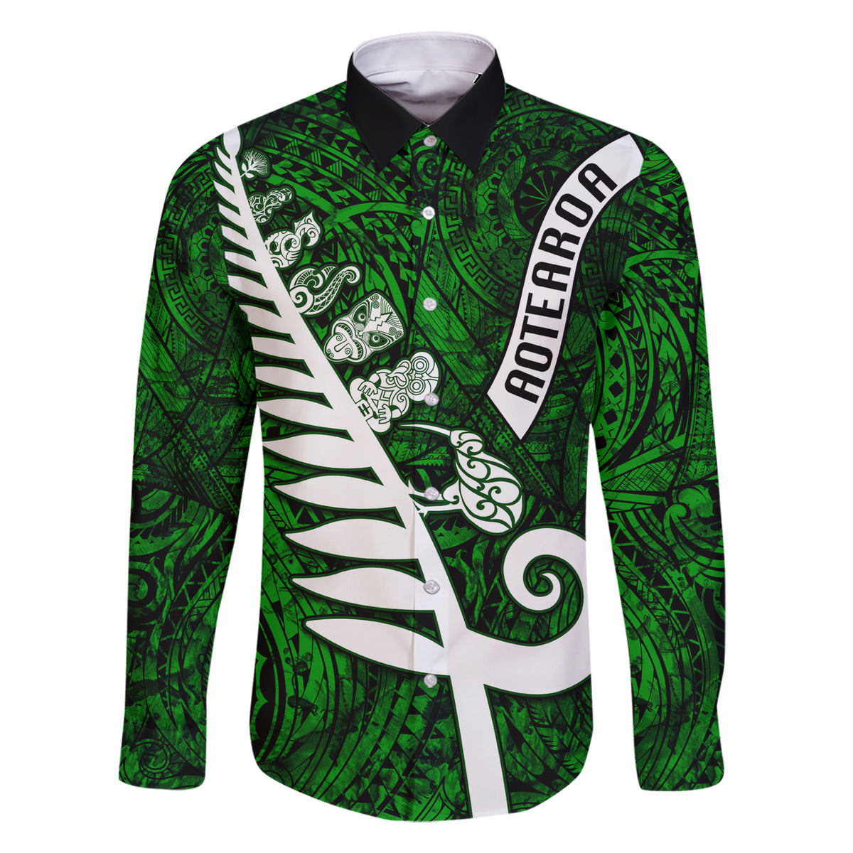 New Zealand Family Matching Short Sleeve Bodycon Dress and Hawaiian Shirt Silver Fern and Maori Symbols Papua Shell Green Style LT03 Dad's Shirt - Long Sleeve Green - Polynesian Pride