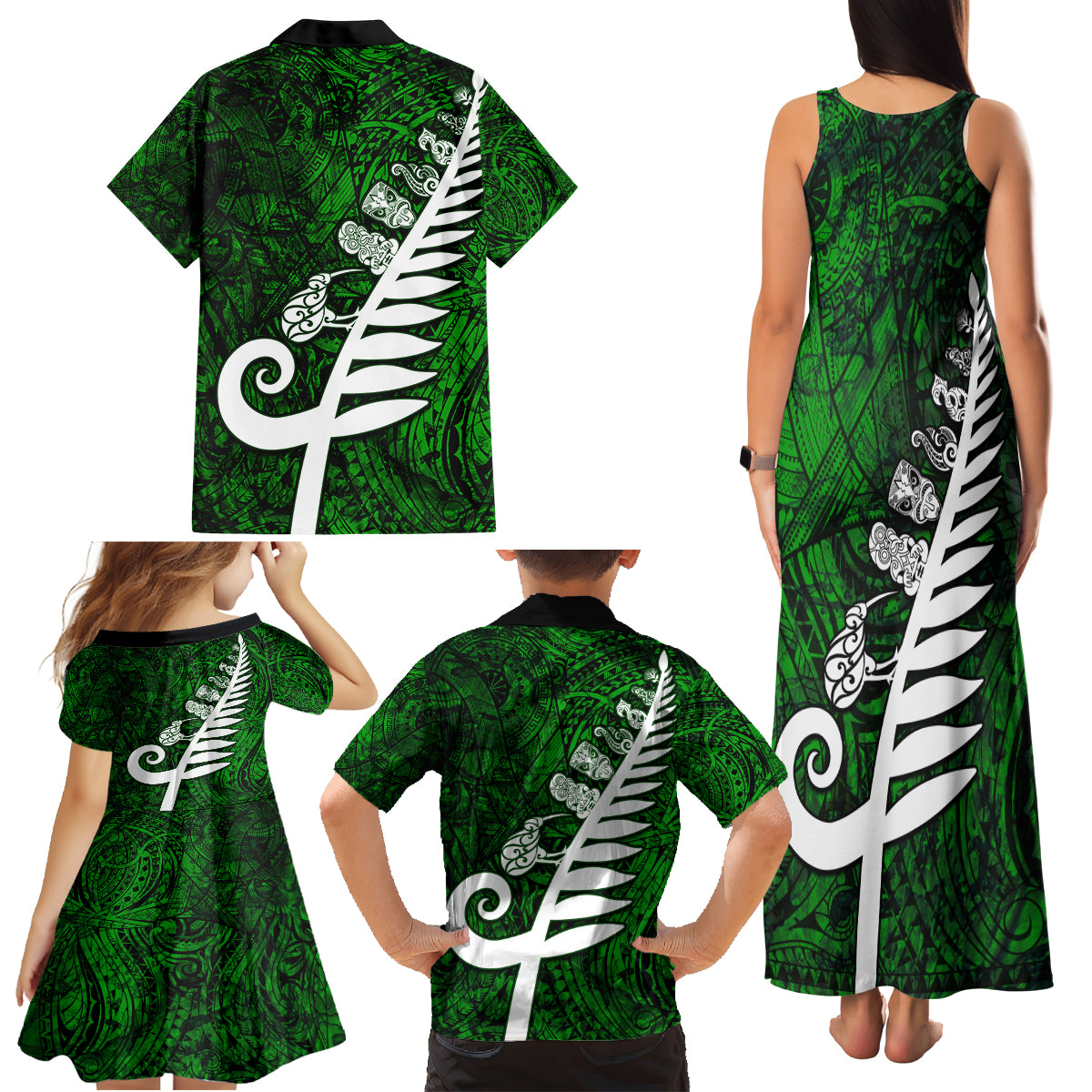 New Zealand Family Matching Tank Maxi Dress and Hawaiian Shirt Silver Fern and Maori Symbols Papua Shell Green Style LT03 - Polynesian Pride