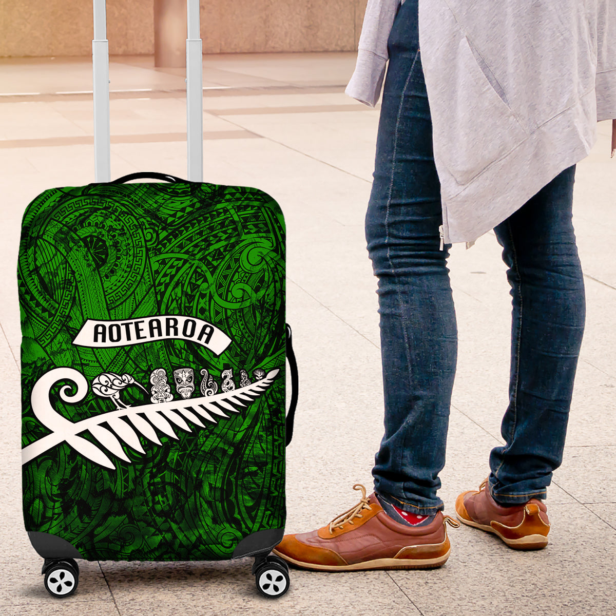 New Zealand Luggage Cover Silver Fern and Maori Symbols Papua Shell Green Style LT03 Green - Polynesian Pride
