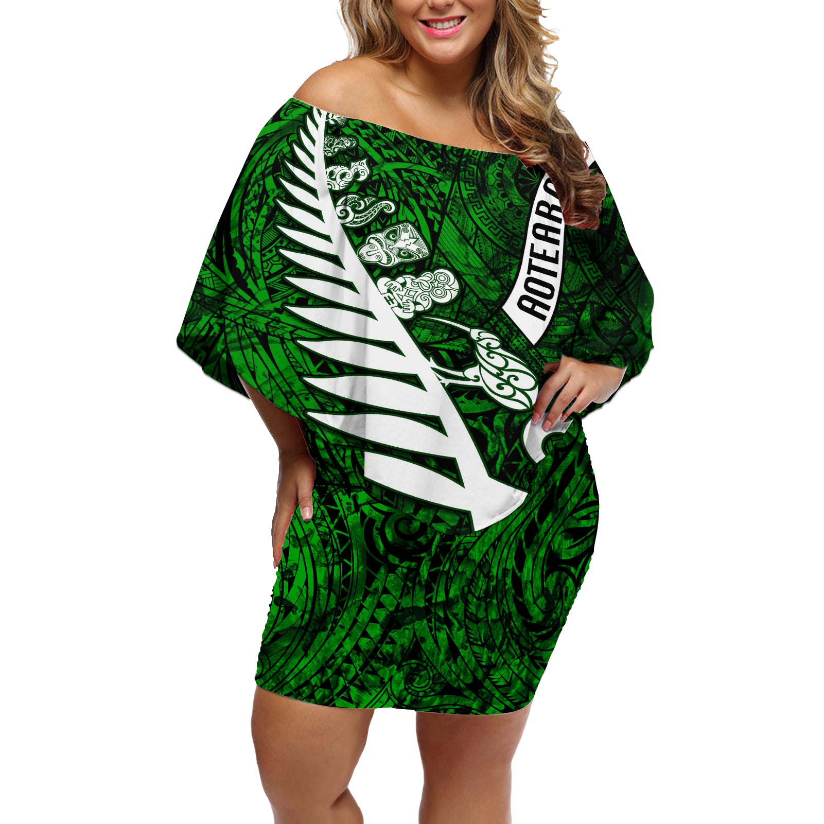 New Zealand Off Shoulder Short Dress Silver Fern and Maori Symbols Papua Shell Green Style LT03 Women Green - Polynesian Pride