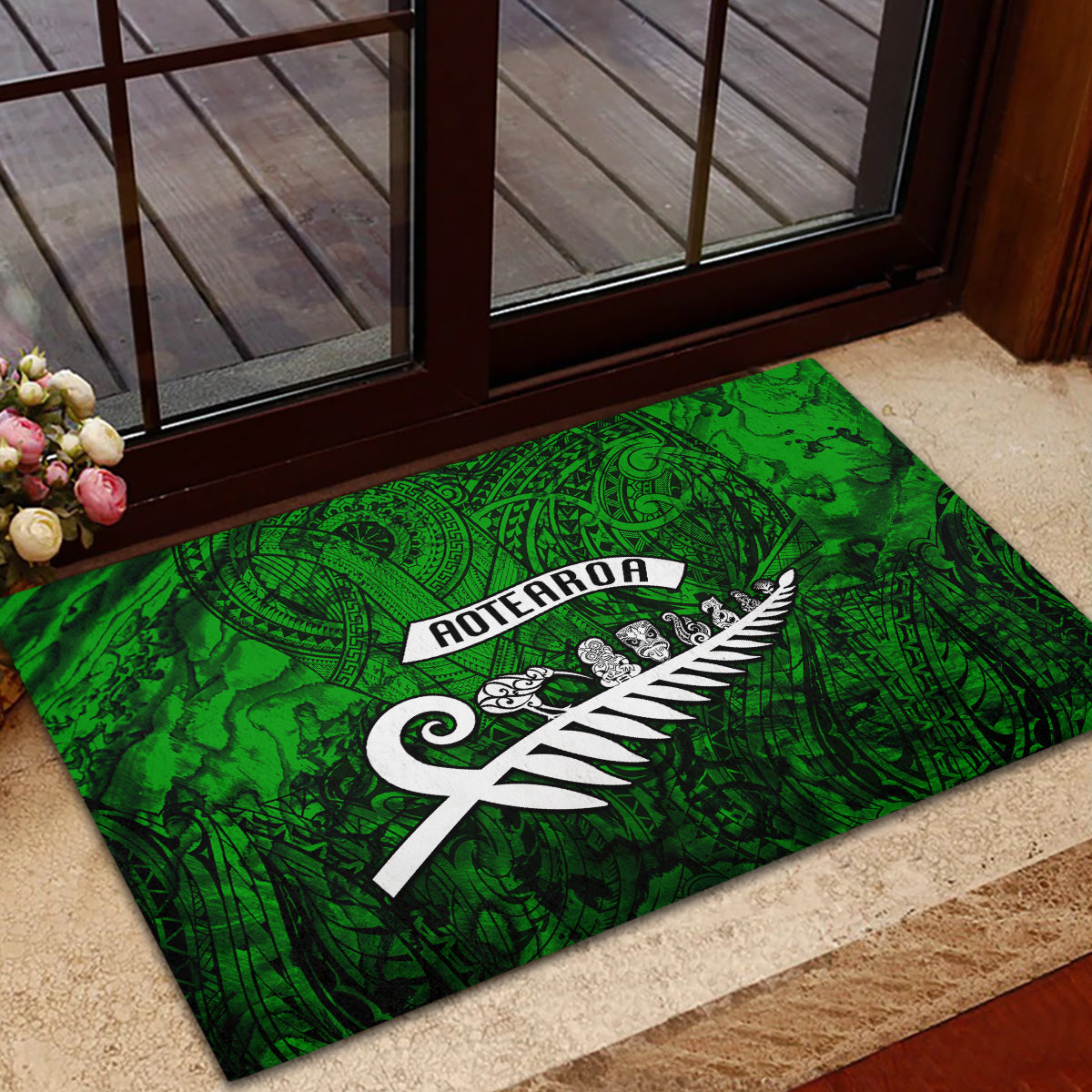 New Zealand Rubber Doormat Silver Fern and Maori Symbols Papua Shell Green Style LT03 - Polynesian Pride